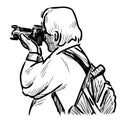 Sketch of elderly photographer takes picture on camera