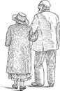 A sketch of elderly spouses going for a walk