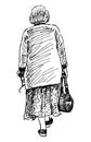 Sketch of elderly towns woman with handbag and eyeglasses walking down street