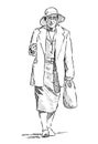 Sketch of elderly townswoman in hat going down street Royalty Free Stock Photo