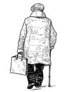 Sketch of elderly townswoman with stick and bag walking along street Royalty Free Stock Photo