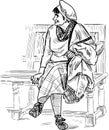 Sketch of elderly woman in beret sitting on park bench and smiling