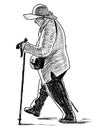 A sketch of an elderly woman engaging in Nordic walking with sticks