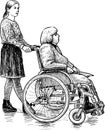 Sketch of an elderly woman in a wheelchair with a nurse Royalty Free Stock Photo