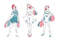 Sketch with elegant girls with shopping bags Royalty Free Stock Photo