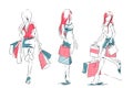 Sketch with elegant girls with shopping bags Royalty Free Stock Photo