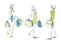 Sketch with elegant girls with shopping bags