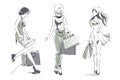 Sketch with elegant girls with shopping bags Royalty Free Stock Photo