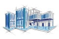 Sketch of exterior building draft blueprint design Royalty Free Stock Photo