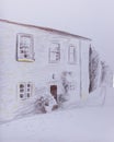 The sketch of facade of old house