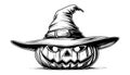 Sketch of the face of a pumpkin with a cap. Halloween pumpkin drawing scary jack o lantern engraving for autumn Royalty Free Stock Photo