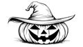 Sketch of the face of a pumpkin with a cap. Halloween pumpkin drawing scary jack o lantern engraving for autumn Royalty Free Stock Photo