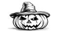 Sketch of the face of a pumpkin with a cap. Halloween pumpkin drawing scary jack o lantern engraving for autumn Royalty Free Stock Photo