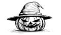 Sketch of the face of a pumpkin with a cap. Halloween pumpkin drawing scary jack o lantern engraving for autumn Royalty Free Stock Photo