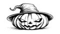 Sketch of the face of a pumpkin with a cap. Halloween pumpkin drawing scary jack o lantern engraving for autumn Royalty Free Stock Photo