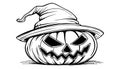 Sketch of the face of a pumpkin with a cap. Halloween pumpkin drawing scary jack o lantern engraving for autumn Royalty Free Stock Photo