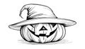 Sketch of the face of a pumpkin with a cap. Halloween pumpkin drawing scary jack o lantern engraving for autumn Royalty Free Stock Photo