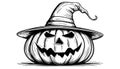 Sketch of the face of a pumpkin with a cap. Halloween pumpkin drawing scary jack o lantern engraving for autumn Royalty Free Stock Photo