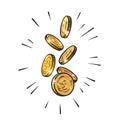 Sketch of falling gold coins. Set of shining metal money in different positions. Hand drawn vector illustration. Royalty Free Stock Photo