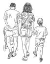 Sketch of family young people walking on summer day together