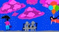 Sketch Of Fantasy, Pink Cloud, Rain, With Man Under Umbrella, And Women Flying Bundle Of Balloons, And Children Playing.