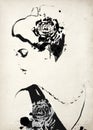 Sketch Fashion. Abstract Woman Background. Painting Face Black And White