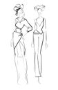 Sketch Fashion Illustration on a white background Woman in cowboy hat, crop tops,sarong skirt