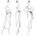 Sketch Fashion Illustration on a white background Woman in crop tops,sarong skirt