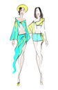 Sketch Fashion Illustration on a white background Woman in summer outfits crop tops and sarong skirt