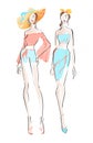 Sketch Fashion Illustration on a white background Woman in summer outfits crop tops and sarong skirt