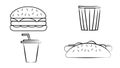 Sketch fast food isolated vector icons pizza, popcorn, nachos and taco with soda drink. Ice cream, donut and cupcake burritos and