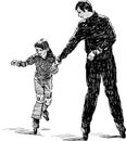 Sketch of father with his little daughter skating on roller scates