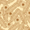 Sketch feather and daisy, vector seamless pattern