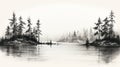 Black And White Forest Sketch: Serene Pine Trees Along Water Royalty Free Stock Photo