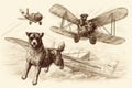 sketch of feline and canine duo flying in vintage biplane