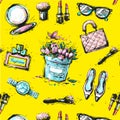 Sketch female fashion accesorize seamless pattern on yellow background Royalty Free Stock Photo