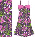 Sketch female summer beach dress flower cross stitch geometric pattern in boho style. Fashion design