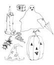 Sketch of festive elements for Halloween. A chest, a burning candle, a pumpkin, a magic cap, glasses in the form of stars, a snake