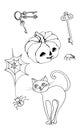 Sketch of festive elements for Halloween. Keys to the chest, cobweb, pumpkin, two spiders, cat.