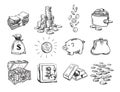 Sketch of finance money set. Sack of dollars, stack of coins, coin with dollar sign, treasure chest, stack of bills