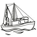 Sketch, fishing boat, coloring book, cartoon illustration, isolated object on white background, vector illustration