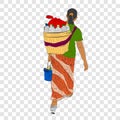 Sketch and flat color of walking Jamu Seller Woman Indonesia Traditional Herbal / organic Drink, view from Back, transparent eff
