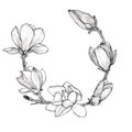 Sketch Floral Botany wreath. Magnolia flower drawings. Black and white with line art on white backgrounds Royalty Free Stock Photo