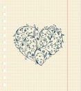 Sketch of floral heart ornament on notebook sheet