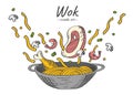 Sketch food flying into a wok pan. Juicy meat steak and noodles Asian dish.