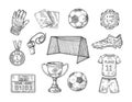 Sketch football elements. Hand drawn soccer ball, sports uniform, championship cup and soccer goal vector illustration