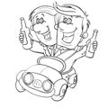 sketch, friends of the groom ride in a car and hold bottles of beer in their hands, cartoon, isolated object on a white background