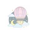 Sketch of funny cartoon stylized hot air balloon, flying at night in the sky, surrounded clouds and stars