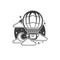 Sketch of funny cartoon stylized hot air balloon, flying at night in the sky, surrounded clouds and stars. Vector illustration