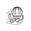 Sketch of funny cartoon stylized hot air balloons, flying in the sky, surrounded clouds, sun and birds. Vector illustration